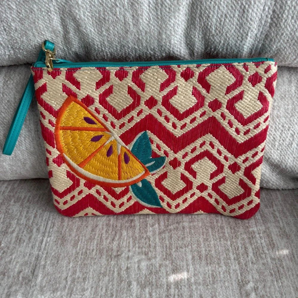Vera Bradley Straw Wristlet Pouch Red Geometric Orange Citrus Embroidered Clutch